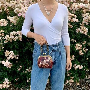 Handmade Genuine Leather Floral Printed, Metal Frame Large Purse/ Wristlet